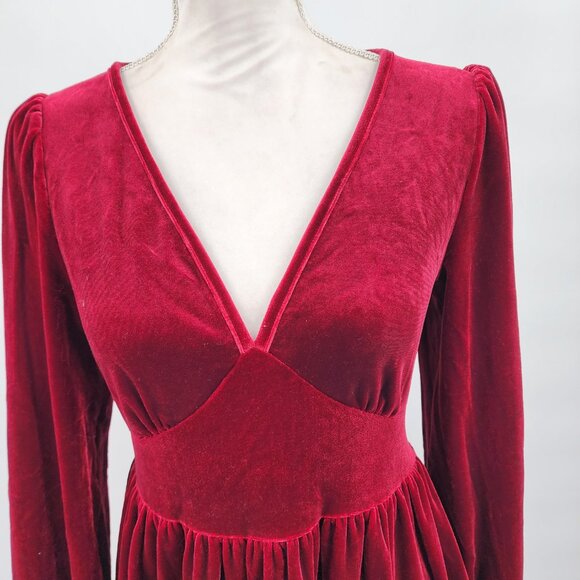 HALARA Deep V Neck Ruffled Hem Velvet Cranberry Red Mini Party Dress XS NWT - Picture 3 of 11